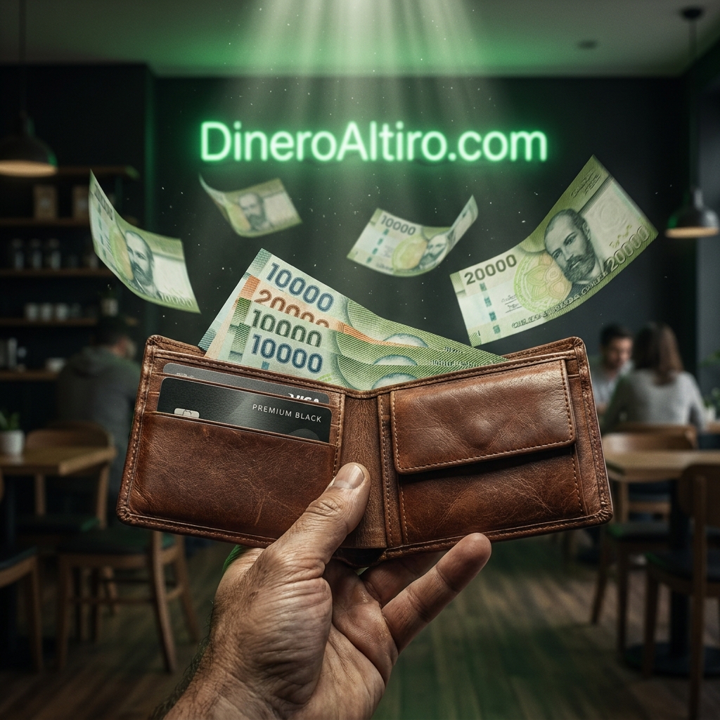 Billetera abierta con pesos chilenos saliendo, logo DineroAlTiro al fondo