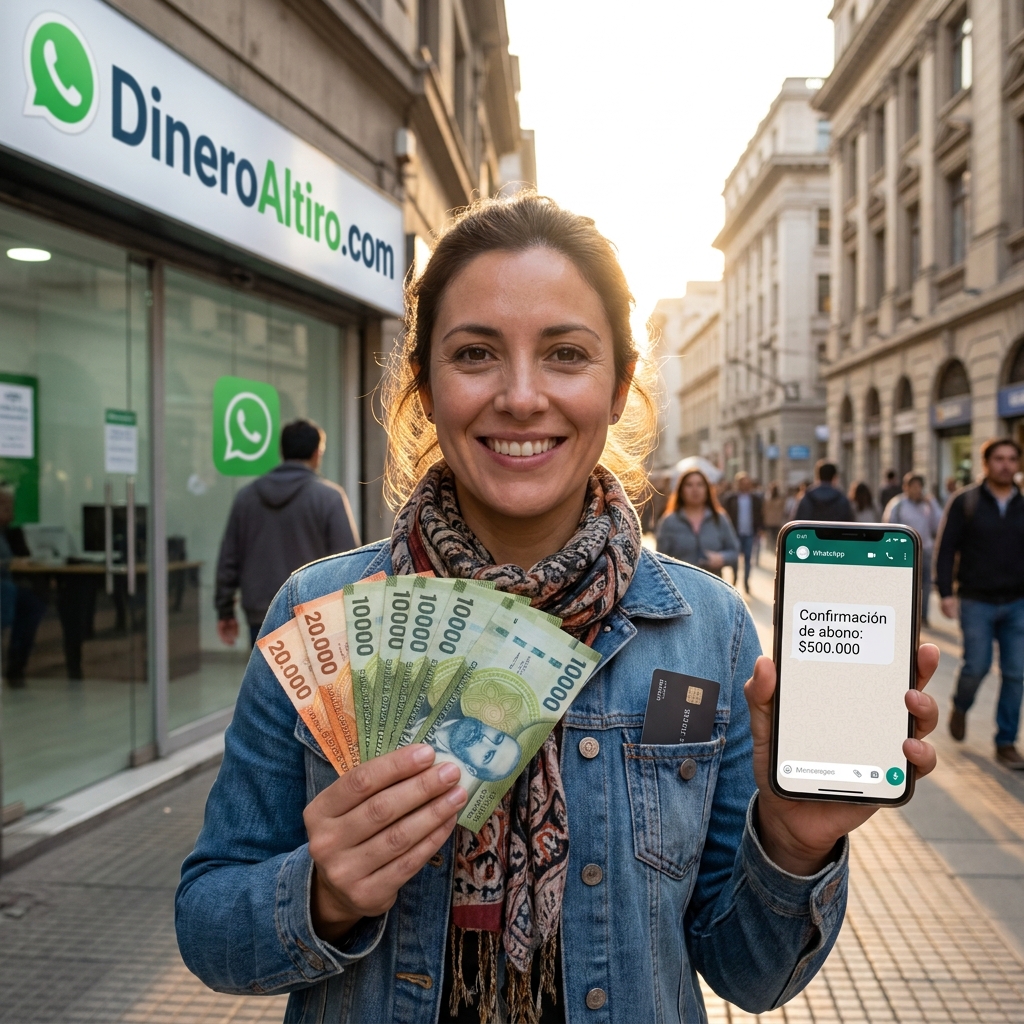 Clienta sonriendo afuera de oficina DineroAlTiro con pesos y confirmación de abono